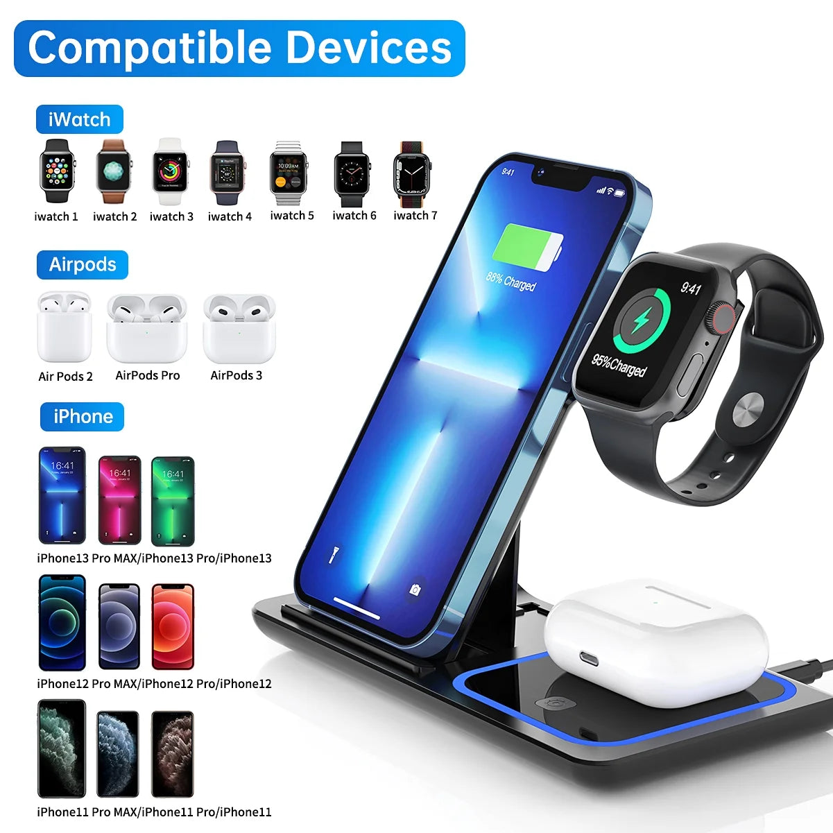 3-in-1 Wireless Charging Station for iPhone, Apple Watch, and AirPods